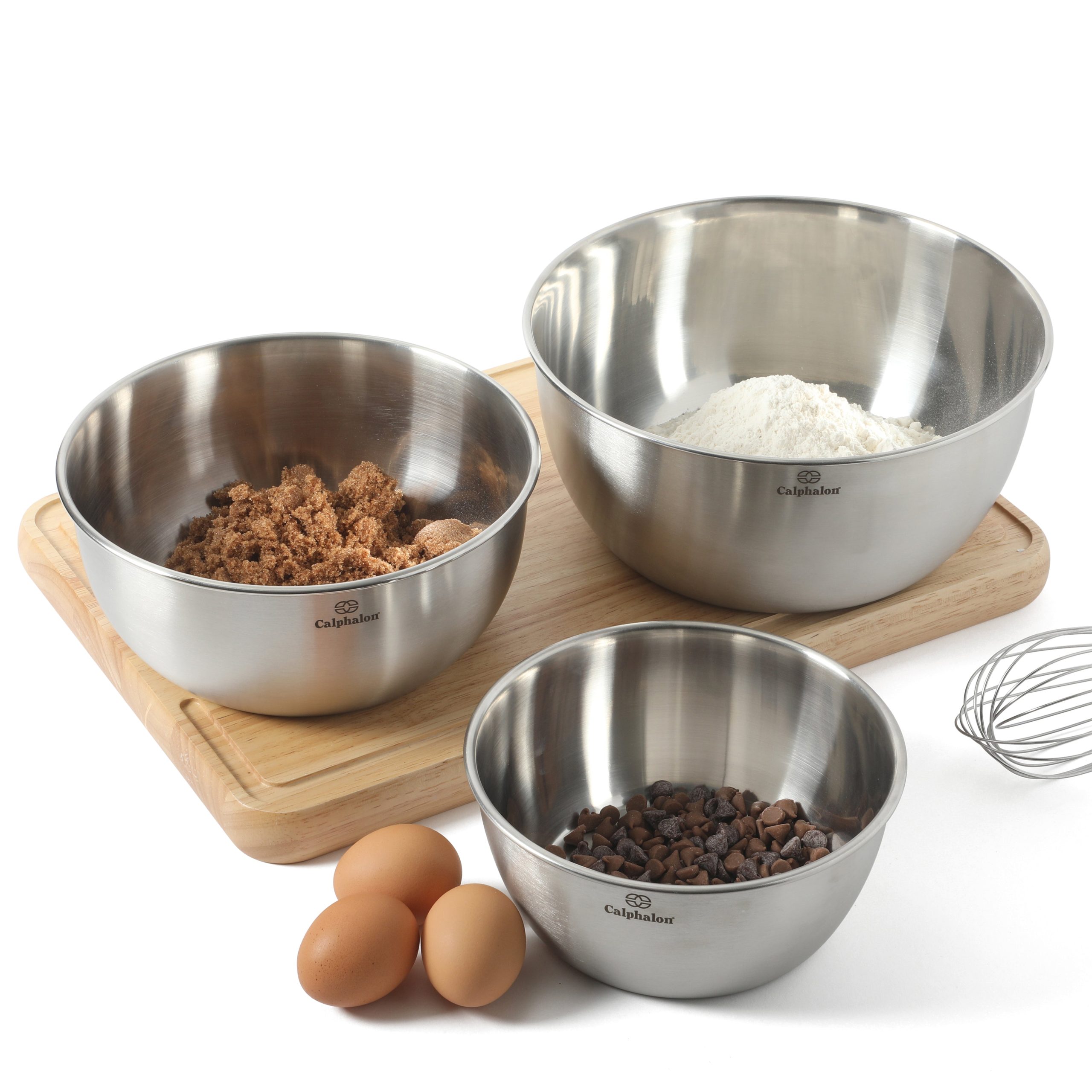 Calphalon Astro Mixing Bowls, 3-Piece Stainless Steel Mixing Bowl Set with Matte Finish, Nesting Metal Mixing Bowls for Baking and Prep, Silver - Image 3