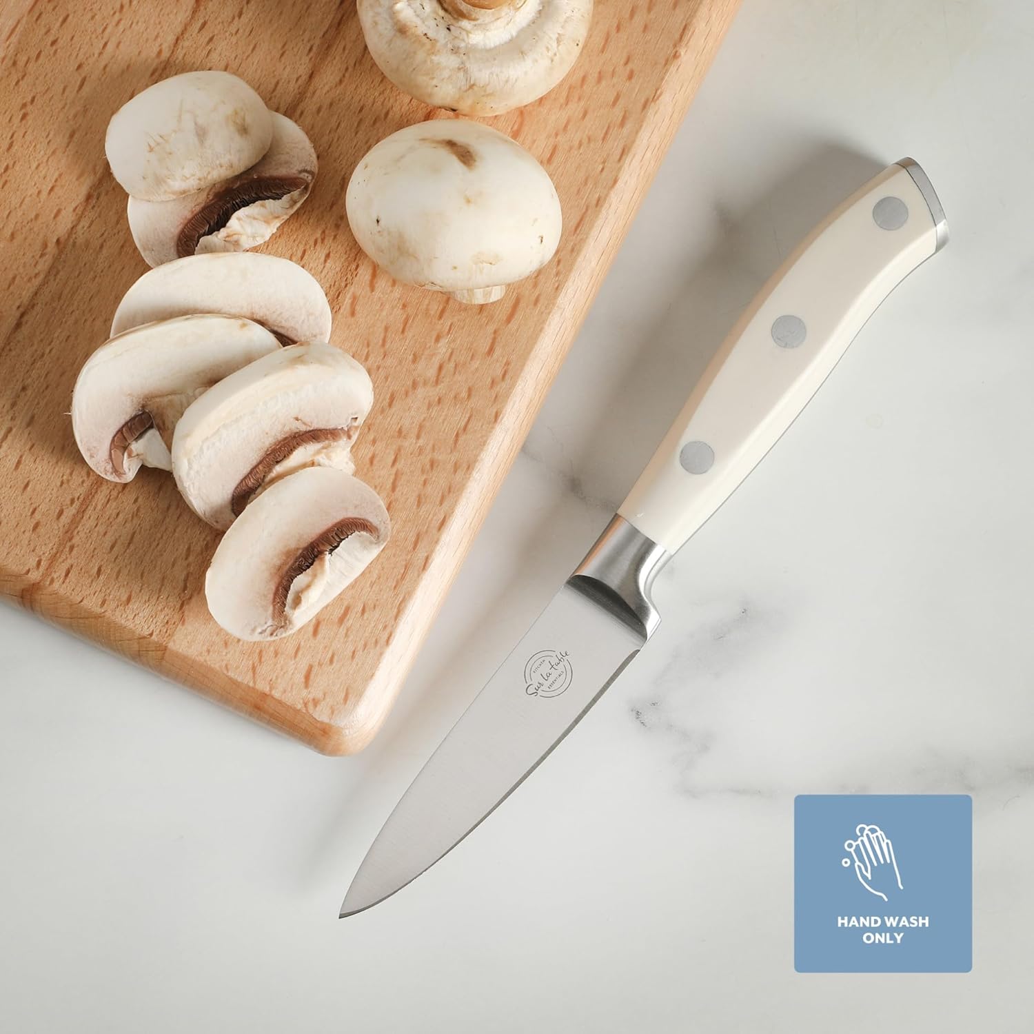 Sur La Table Kitchen Essentials Tasting Kitchen German Steel Paring Knife, 3.5-Inch Stainless Steel Blade – Professional Kitchen Knife with White Handle and Forged Full Tang - Image 6