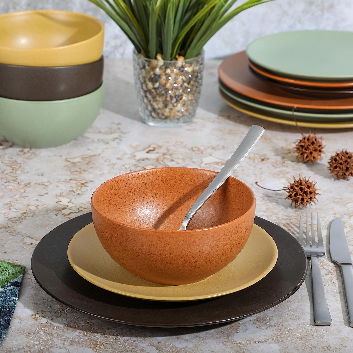 Gibson Elite Capetown Assorted Color Reactive Glaze Stoneware Dinnerware Set - Black, Yellow, Orange, Green - Image 4