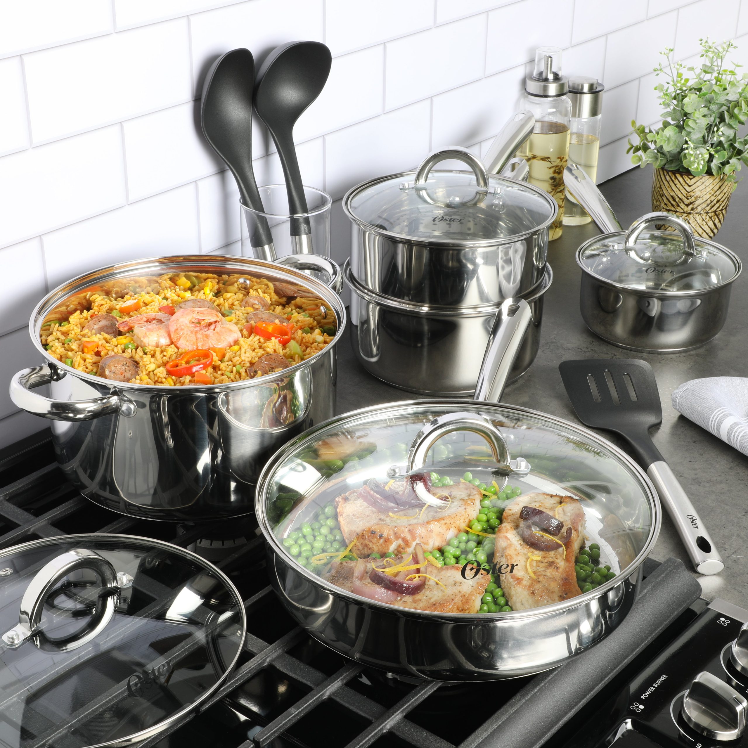 Oster Sangerfield 12-Piece Stainless Steel Cookware Set w/ Kitchen Tools - Image 2