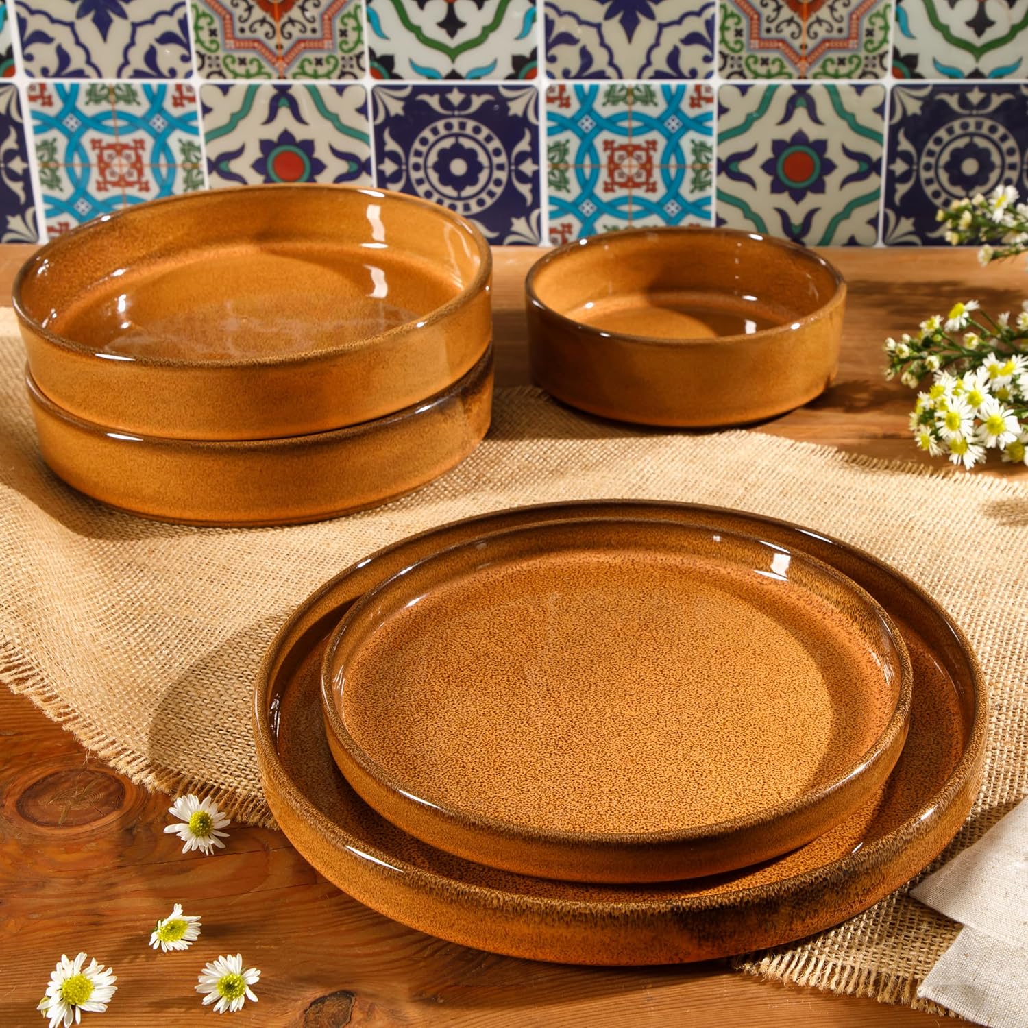 Bloomhouse Santorini Mist 16 Piece Double Bowl Terracotta Reactive Glaze Plates and Bowls Dinnerware Set - Moonstone White, Amber, Garnet Red, or Jade - Image 10