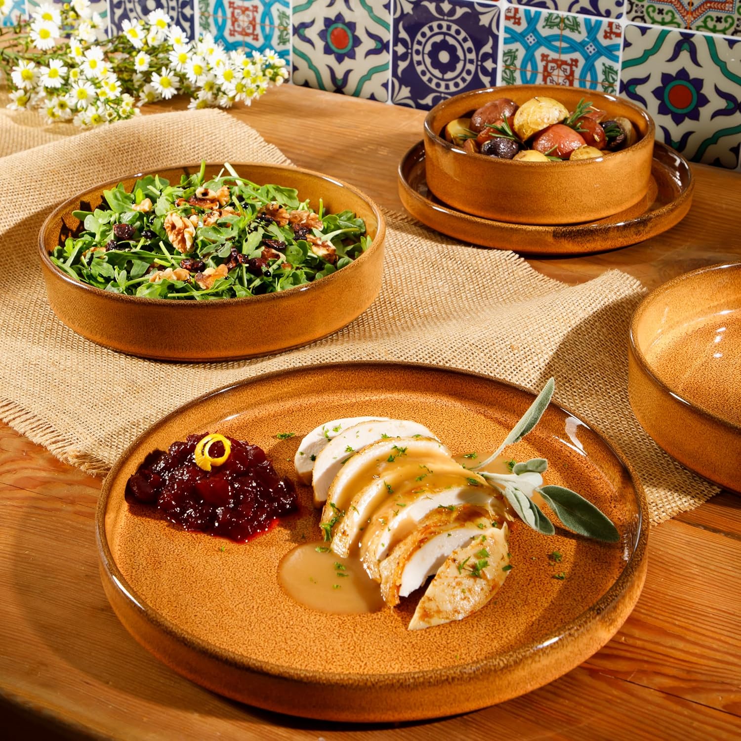 Bloomhouse Santorini Mist 16 Piece Double Bowl Terracotta Reactive Glaze Plates and Bowls Dinnerware Set - Moonstone White, Amber, Garnet Red, or Jade - Image 8
