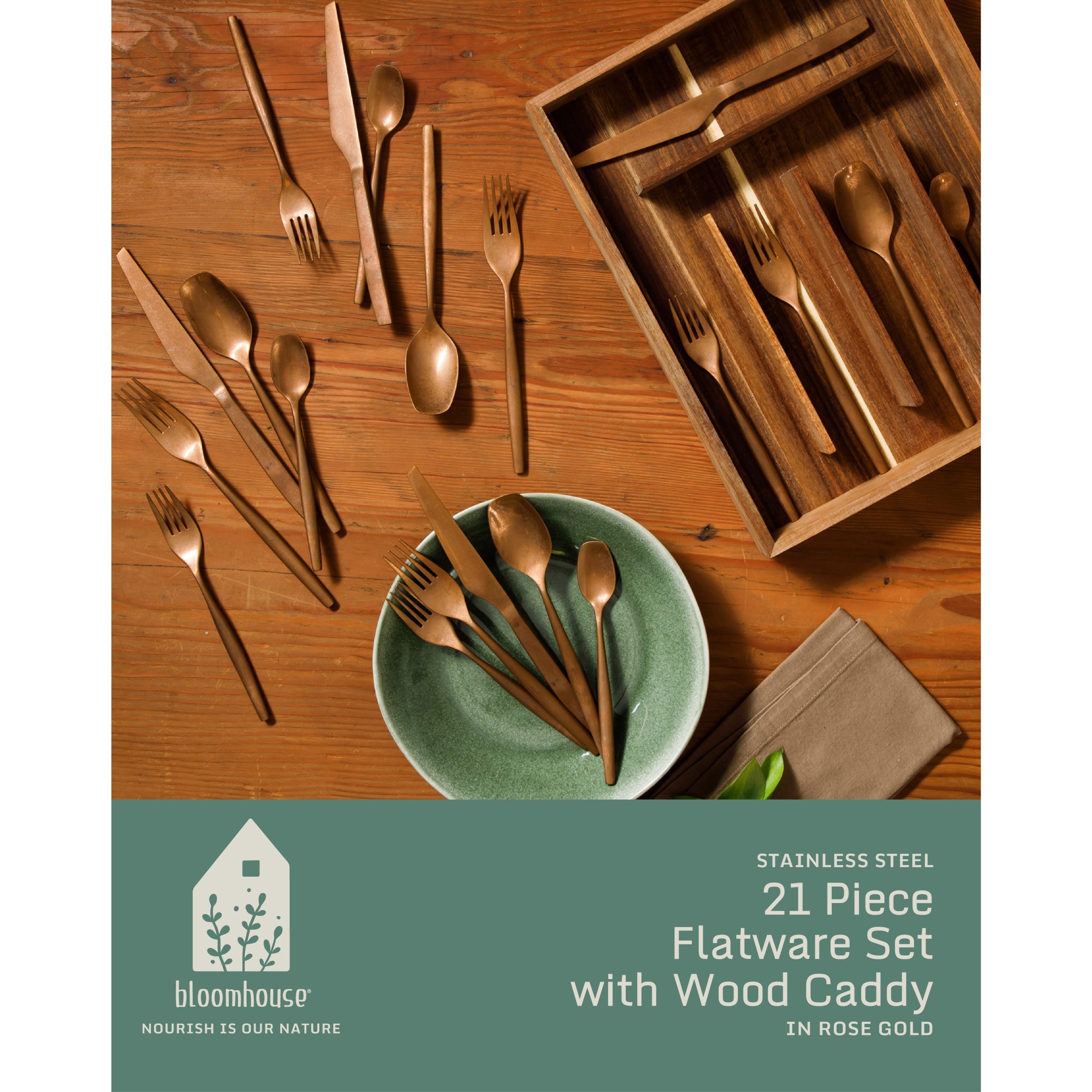 Bloomhouse 20 Piece Stone Washed Flatware 18/10 Stainless Steel Silverware Cutlery Utensil Set With Acacia Wood Caddy - Service for 4 - Image 15
