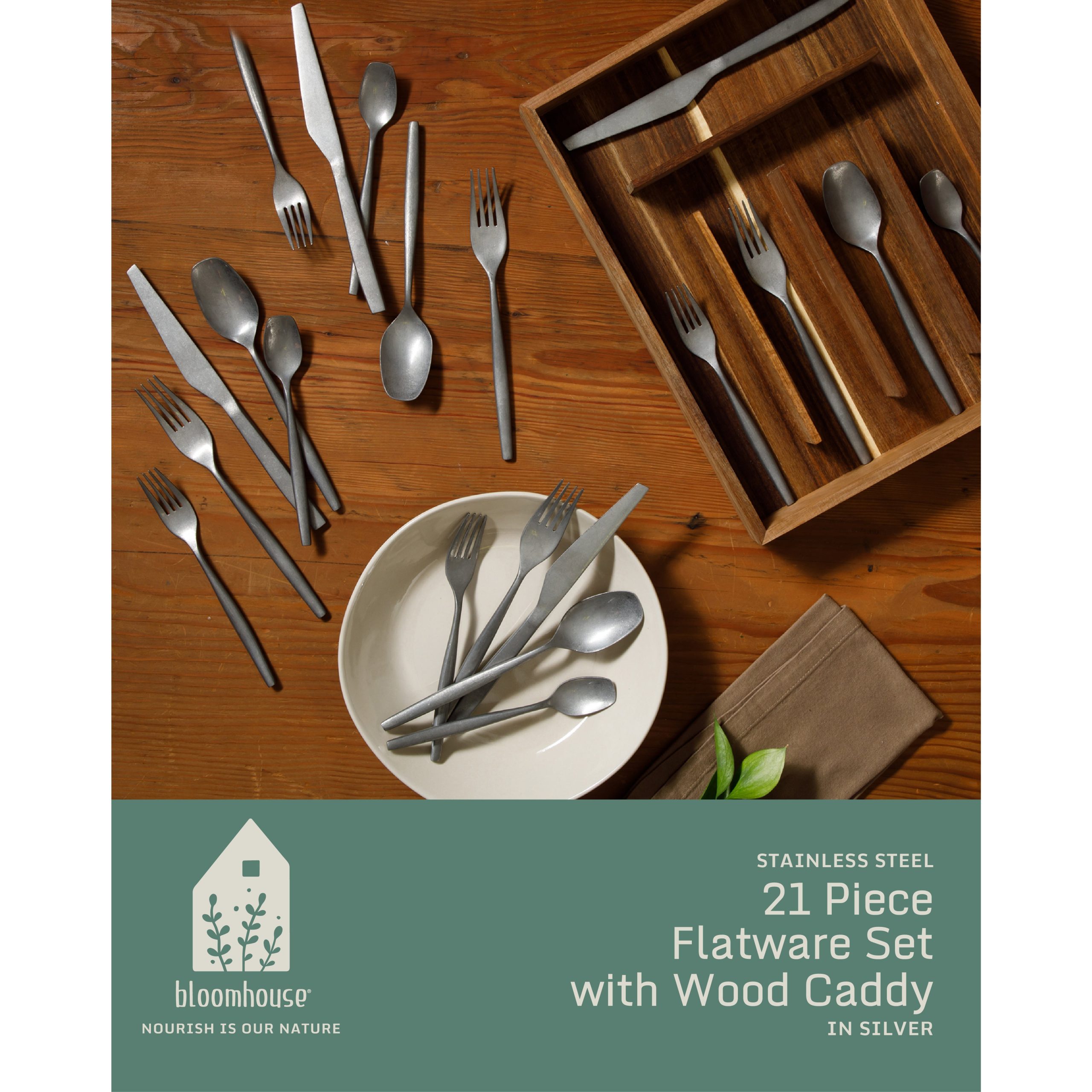 Bloomhouse 20 Piece Stone Washed Flatware 18/10 Stainless Steel Silverware Cutlery Utensil Set With Acacia Wood Caddy - Service for 4 - Image 2