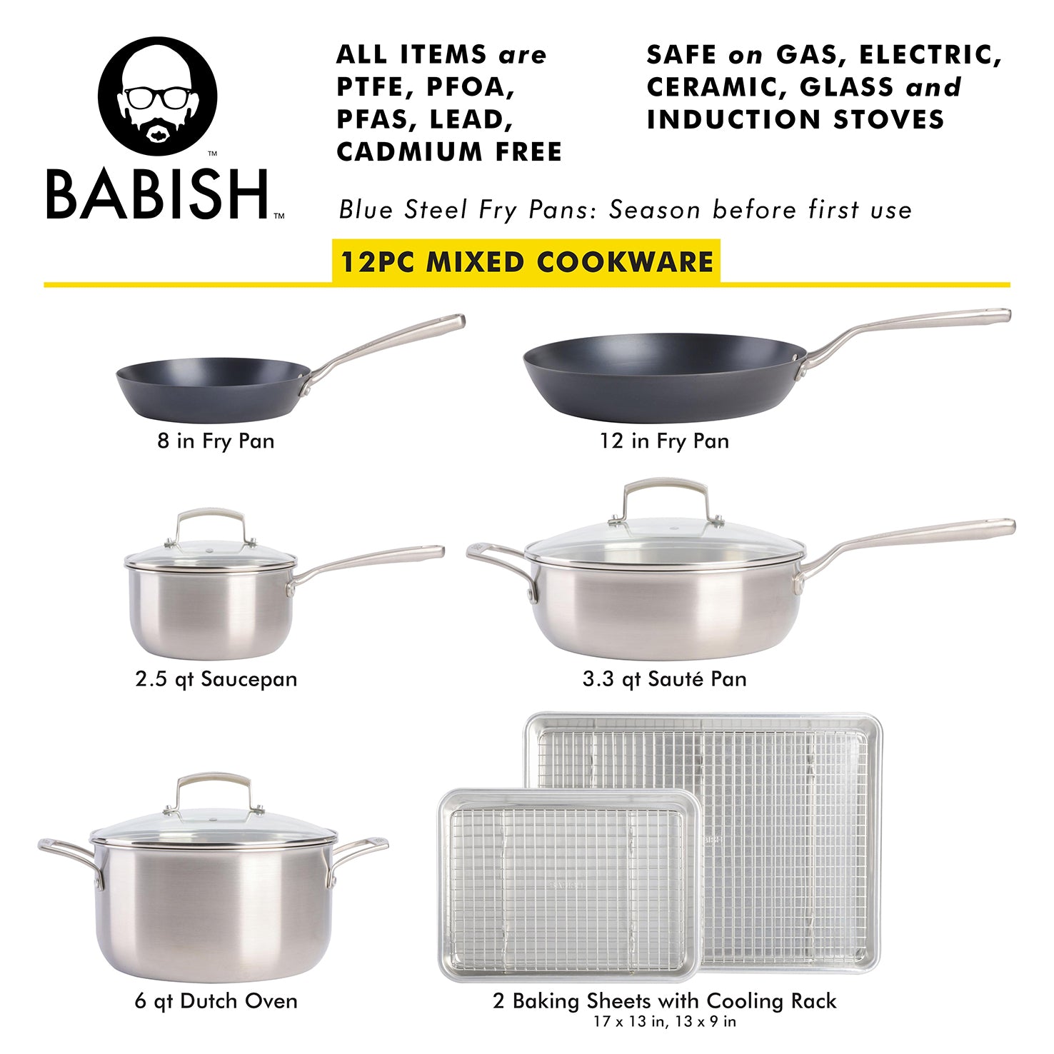 Babish 12-Piece Mixed Material (Stainless Steel, Carbon Steel, & Aluminum) Professional Grade Cookware Set W/ Baking Sheets - Image 2