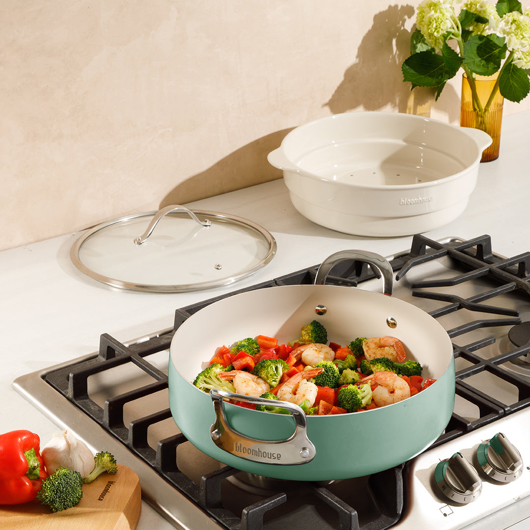 Bloomhouse 6-QT Aluminum Enamel Everyday Pan w/Non-Stick Non-Toxic Ceramic Interior and Ceramic Steamer Insert - Image 2