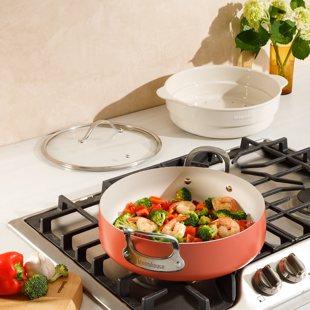 Bloomhouse 6-QT Aluminum Enamel Everyday Pan w/Non-Stick Non-Toxic Ceramic Interior and Ceramic Steamer Insert - Image 5