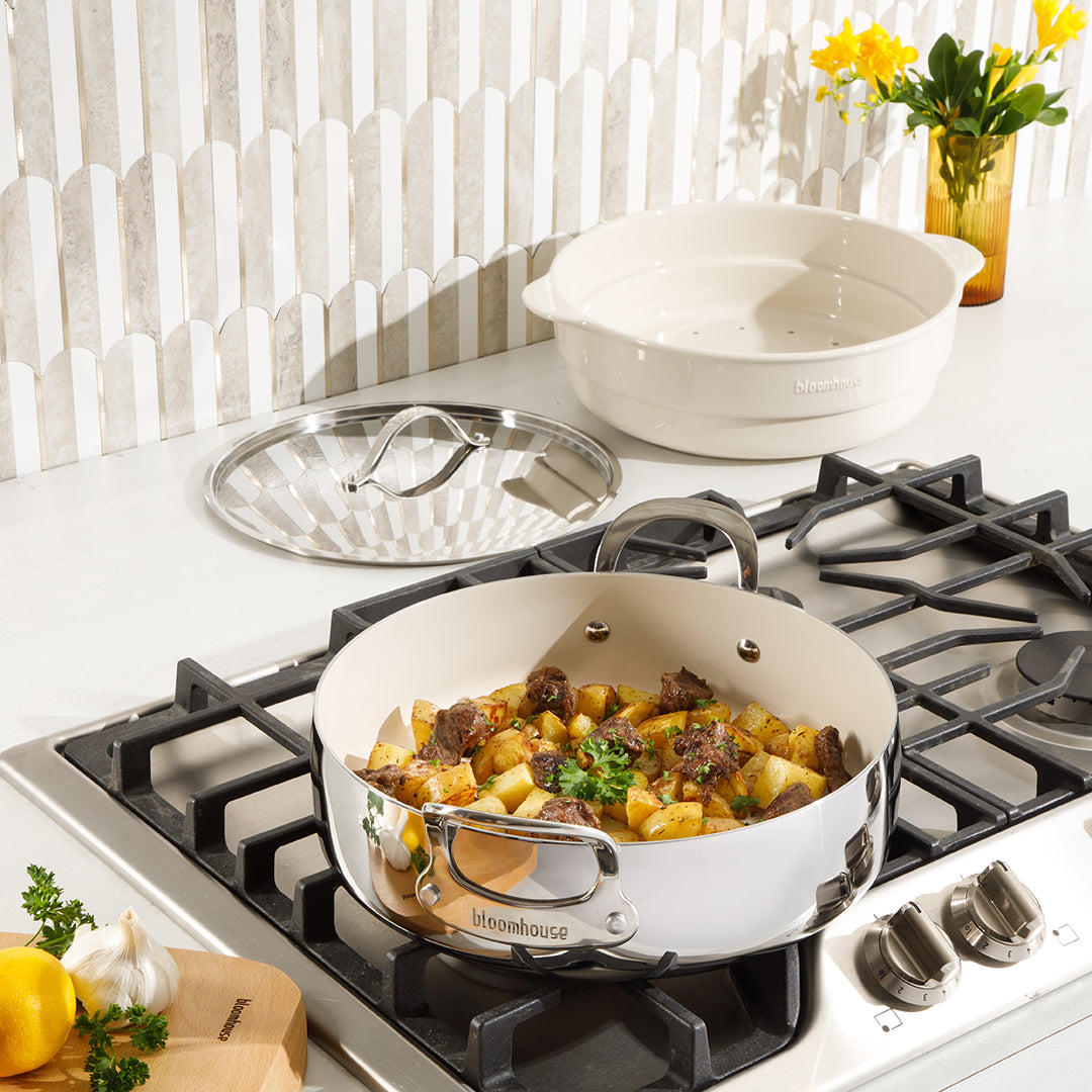 Bloomhouse 6-Quart Triply Stainless Steel Everyday Pan w/ Non-Stick Non-Toxic Ceramic Interior and Ceramic Steamer Insert - Image 2