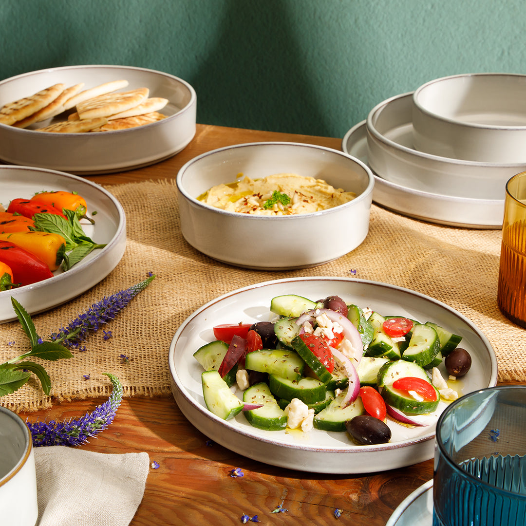 Bloomhouse Santorini Mist 16 Piece Double Bowl Terracotta Reactive Glaze Plates and Bowls Dinnerware Set - Moonstone White, Amber, Garnet Red, or Jade - Image 4