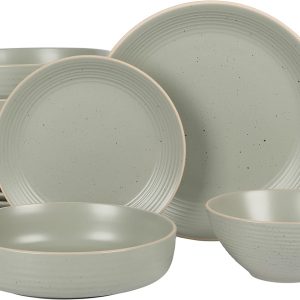Gibson Home Dinah 16 Piece Double Bowl Stoneware Embossed Speckled Dinnerware Set - Matte Black, White, or Sage Green